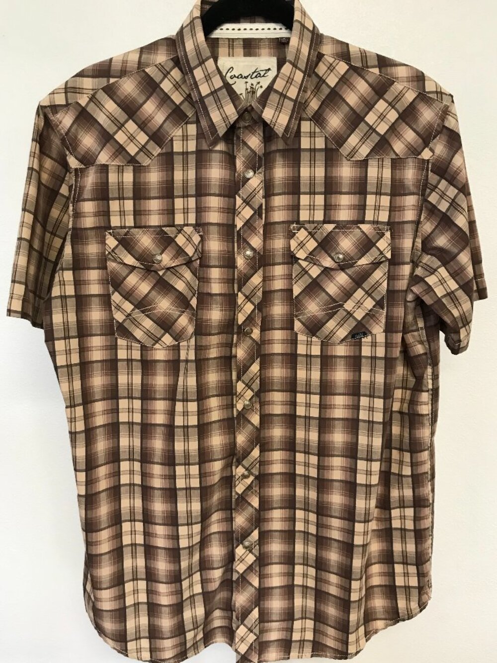 Coastal Men's L Plaid Western Shirt Brown Tan Snap Front Cotton Blend